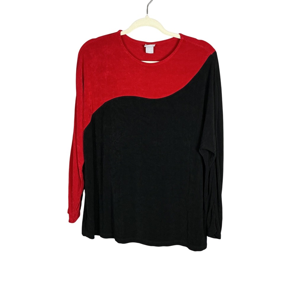 Chicos Travelers Red Black Colorblock Wavy Slinky Knit Top Size 2 US 12/14